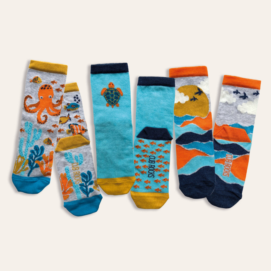 3pk Kids Cotton Ocean Ankle Socks
