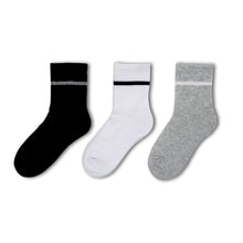Load image into Gallery viewer, 3 Pack Cushioned Black/White/Grey Sports Ankle School Sustainable Socks for boys and girls
