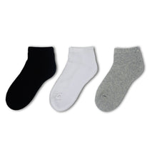 Load image into Gallery viewer, 3 Pack Cushioned Black/White/Grey Sports Trainer School Sustainable Socks for boys and girls
