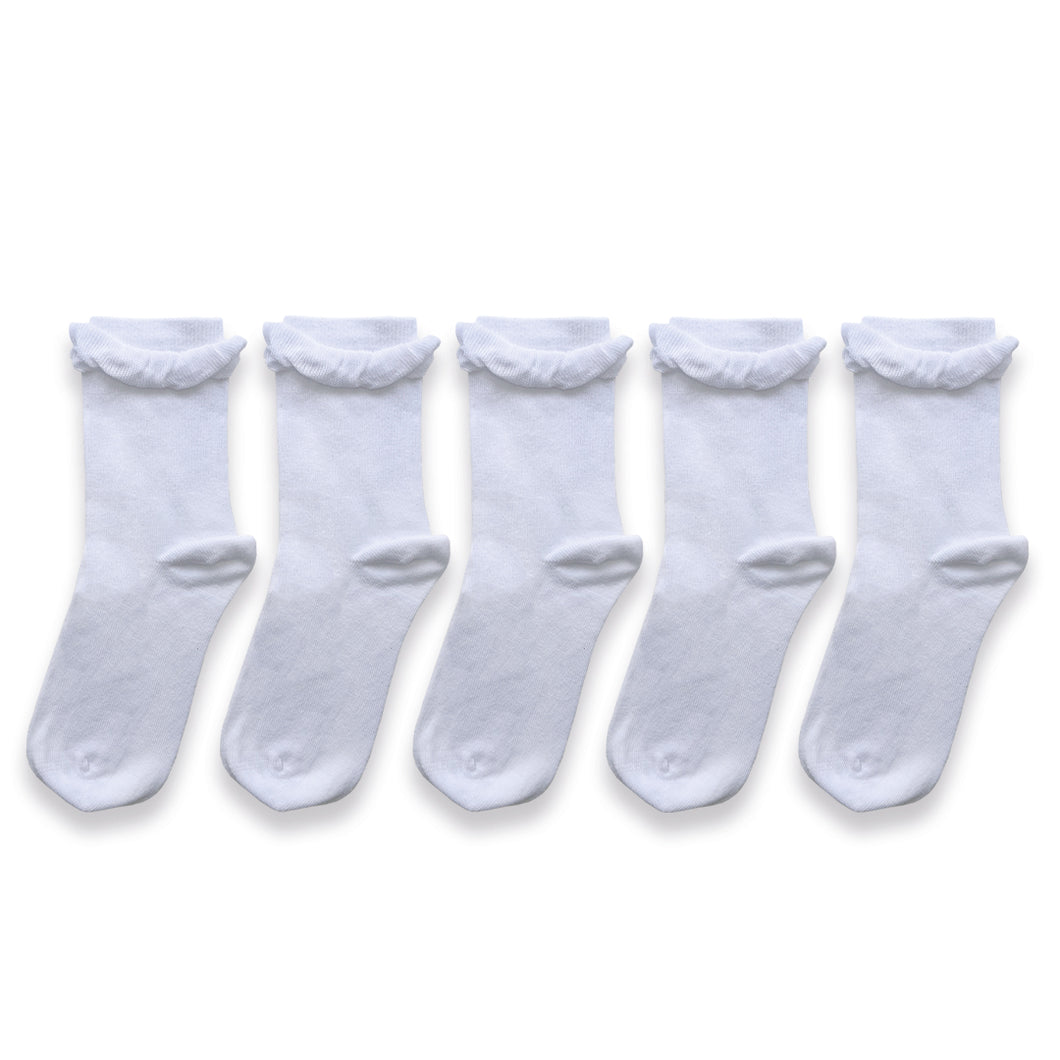 5 Pack Cotton School Frilly Ankle Socks - White 